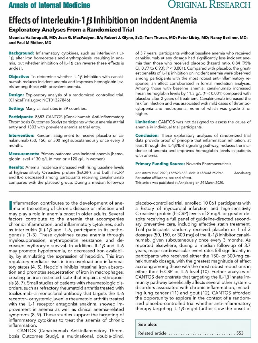Annals of Internal Medicine 2020 — IL-1β inhibition and anemia