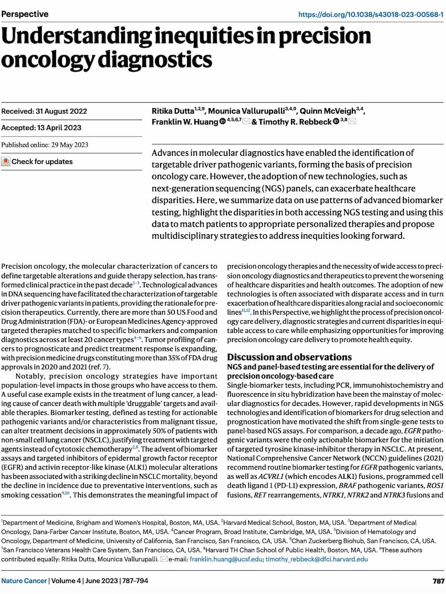 Nature Cancer 2023 — Inequities in precision oncology diagnostics